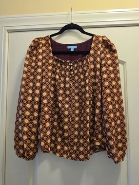 Draper James Burgundy and Gold Floral Smocked Neck Blouse